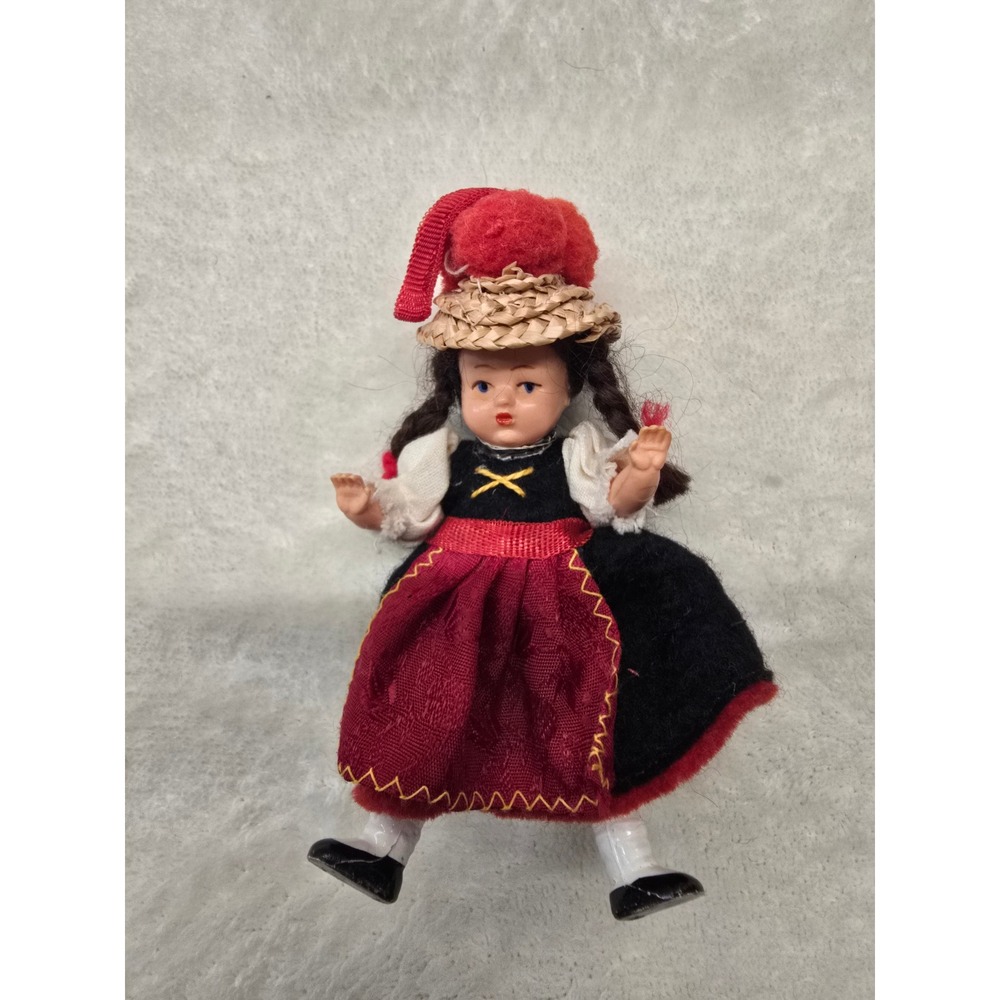 Vintage German Black Forest Souvenir Doll Straw Hat Red Pom Pom Folk Costume